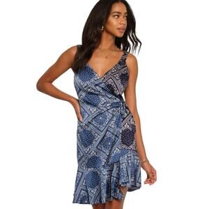 NWOT Heartloom Peri Wrap Dress sz XS Blue Paisley Mini Sleeveless Satin Cocktail